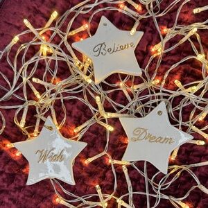 Set of 3 Ceramic Star Christmas Ornaments – “Believe”, “Wish”, “Dream”